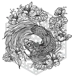纹身艺术 泰国池塘里的鱼 莲花图案 文学 手绘 草图