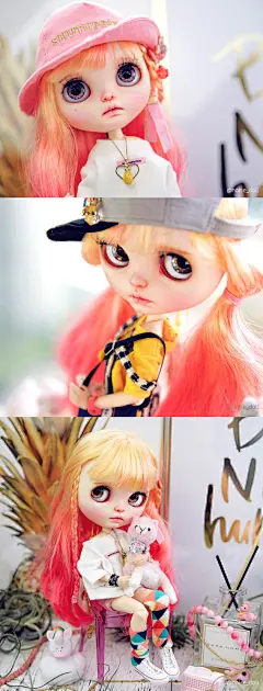 成品改娃：小凤梨原型：2017-5月 Gracey Chantilly／NBL脸模。刻双眼皮，开嘴小牙，渐变桃红色染发，眼皮后脑绘小凤梨主题插画。白T&amp;粉色渔夫帽@_因为我会发光啊  粉色羊驼玩偶@孙阿巍的太太 背带裤套装：sugarbabylove。最后一张手机壁纸#blythe改娃# #noisedoll# ​​​​