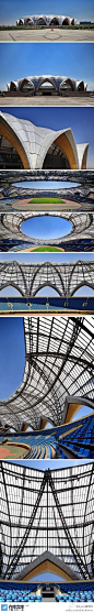 宁夏贺兰山体育场】 ：项目外形设计具有浓郁的伊斯兰风格，屋顶罩棚，由德国进口实心阳光板拼接而成，总面积达3.8万㎡，是目前国内使用面积最大的项目。
