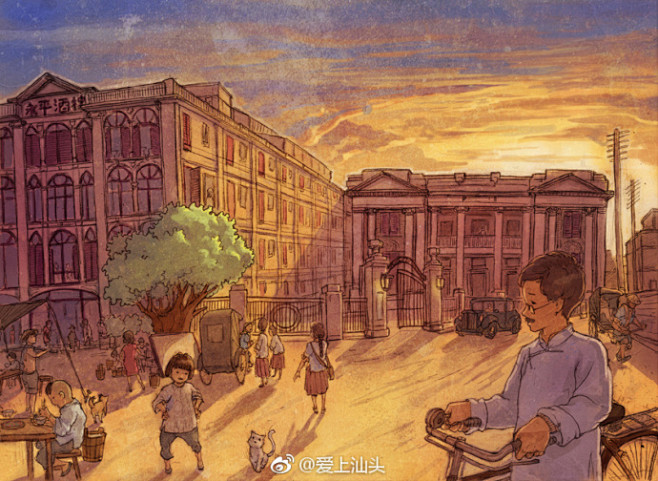 汕头生活分享一组描绘民国时期的老城区插画广角视野很有韵味作者糖堆