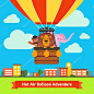 Happy cartoon animals flying on hot air balloon above scenic summer city landscape. Bear in the hat, lion and elephant. Flat vector cartoon background illustration.