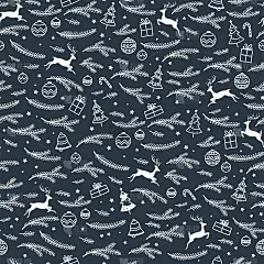 可爱的手绘无缝圣诞图案与驯鹿，树枝，小玩意和装饰，伟大的横幅，壁纸，包装，纺织品-矢量设计