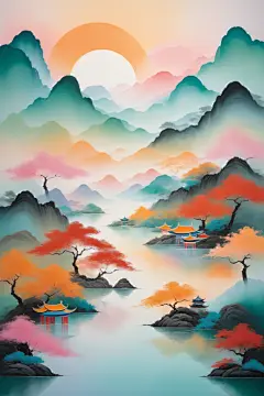 水墨江南风国潮山水插画背景图