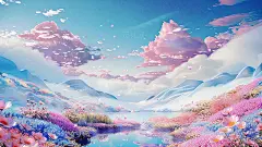 草地上的花朵湖泊山峰蓝天春天背景ai绘画 - 觅知网