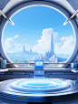 the monitor on the desk is blue, in the style of futuristic spacecraft design, soft, dreamy landscapes, realistic blue skies, cartoon mis-en-scene, medical imaging film., detailed architectural scenes, rounded shapes