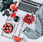 strawberry flatlay. roses flatlay.