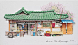 【韩国插画师Me Kyeoung Lee手绘的街角便利店】
 Me Kyeoung Lee的所有作品都与韩国街边小商店（柑仔店）相关，作品用墨水描绘然后用清新的色彩轻柔的点缀到画中
每张作品都蕴含了古朴的韵味和谈谈的温馨。这些作品都很精致，里面放置了很多小商品，堆放的水果和蔬菜盒、停放的自行车、各类盆栽植物等等。