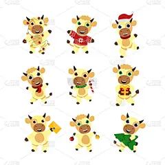 设置可爱的冬季公牛。新年快乐。中国新年的象征。圣诞贺卡。2021年。平面向量插图