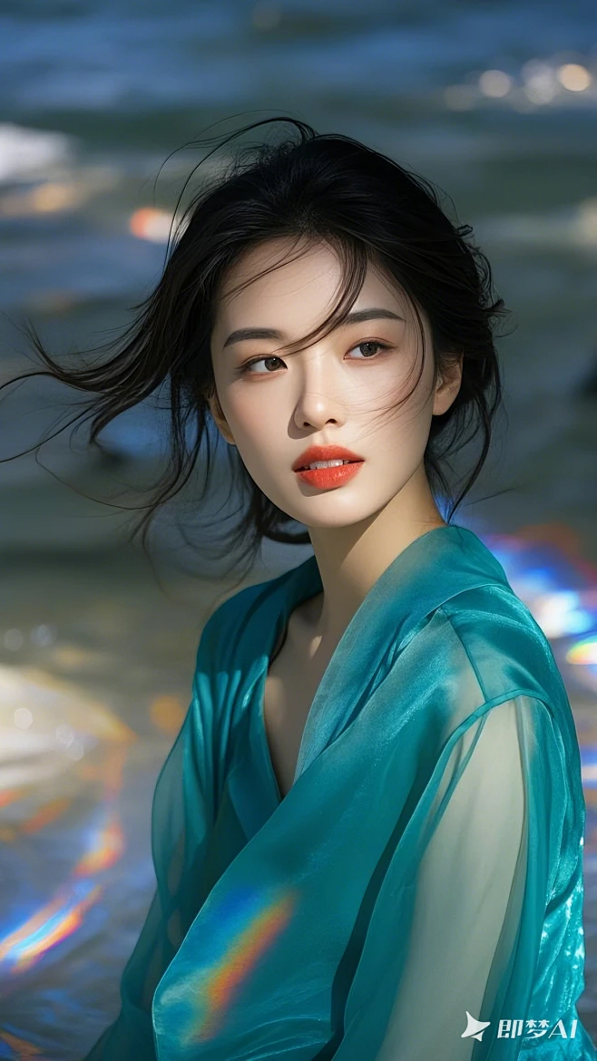人像写真，145mm，前景虚化，青色色半透明绸缎，亚洲女性，皮肤毛孔细腻，逆光，彩色光，面部特写，朦胧，对比强烈，色彩饱和，皮肤光泽透亮 (1 ...