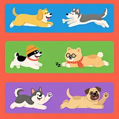 六个系列集合的卡通狗狗插画，每个画面保持相同的三只卡通狗狗元素内容，采用简洁的平面设计风格，轮廓线条清晰，色彩填充均匀，无渐变和复杂光影，每个系列画面整体色彩变换为不同的纯色背景，分别为红色、蓝色、黄色、绿色、紫色、橙色，三只狗狗造型完全不同，第一组为站立摇尾的柯基、趴着吐舌的金毛、坐着歪头的萨摩耶，第二组为跳跃的柴犬、奔跑的哈士奇、叼着骨头的腊肠犬，第三组为戴帽子的泰迪、戴眼镜的比熊、戴围巾的边牧，第四组为玩耍的博美、睡觉的拉布拉多、警觉的德牧，第五组为微笑的法斗、伸懒腰的阿拉斯加、舔爪子的吉娃娃，第六
