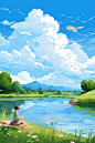 河边钓鱼二十四节气处暑秋天插画图片