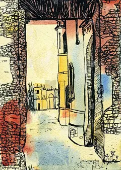 旧城水彩水墨插画。老房子墙壁手绘墨水图形。