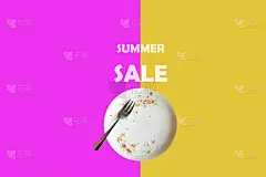 插图在一个极简主义风格的夏季销售。一个空盘子里有剩菜意味着货物被迅速购买，需要及时。销售的创意