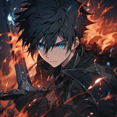 Anime, male, black short hair, blue pupils, resolute eyes, black coat, sword wielding, flame burning on the body, combat posture, night, top-level CG, highest quality, correct proportions, perfect composition, high-quality details, optimized eye details, 
