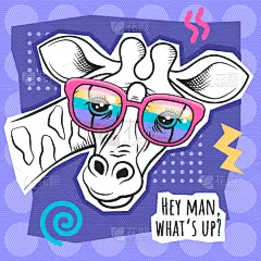 彩虹,长颈鹿,抽象拼贴画,幽默,小丑眼镜,可爱的,肖像,动物,绘制