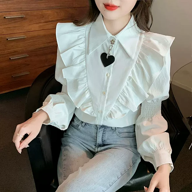 荷叶边POLO领泡泡袖衬衫女春装2023...