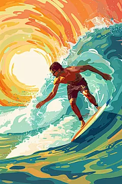 扁平风冲浪夏季海浪插画