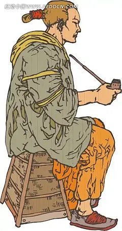 手绘拿着烟斗坐着的男子插画|橙色裤子|凳子|卡通画|矢量素材|手绘|烟斗|手绘插画图片场景插画|绿色风景插画插画|插画设计 插画