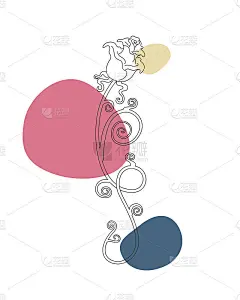 玫瑰与标志。时髦的花卉绘画与抽象的形状。简约的植物艺术插画，简单的花卉素描