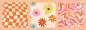 1970 daisy flowers, trippy grid, wavy swirl seamless pattern set in orange, pink colors. hand-drawn vector illustration. seventies style, groovy background, wallpaper. flat design, hippie aesthetic. - 背景 幅插画文件、美工图案、卡通及图标