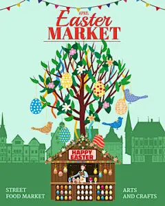 图源免费EPS |复活节市场海报，节日城市春季集市。装饰着鲜花、彩蛋、兔子和烘焙食品的复活节树木制摊位。欧洲建筑背景。矢量插图