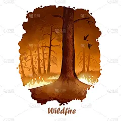 野火数字艺术插画的自然灾害。森林火灾，燃烧树木，破坏木材，环境问题空气污染滥伐概念。火焰伤害一切