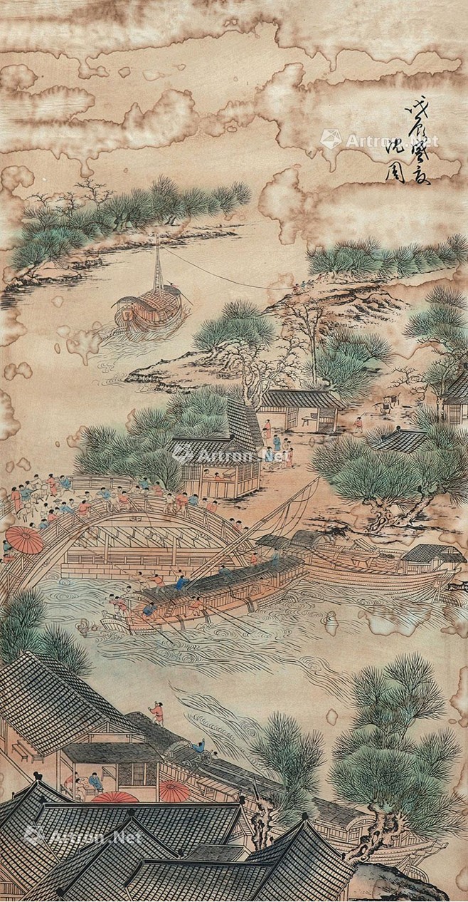 沈周——款《临清明上河图（局部）》人物山水场景 镜心欣赏 | 明|沈周(1427～1509)字启南，号石田、白石翁、玉田生、有居竹居主人等 ...