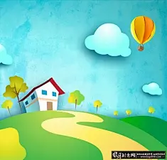 AI卡通房屋矢量图 可爱儿童画 幼儿插画 热气球,云朵,卡通树木,道路,卡通风景 动漫插画