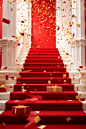 Confetti flowing down the stairs inside a red box, in the style of luxurious interiors, white and gold, piles/stacks, clean and simple designs, decorative borders, wrapped, felt creations