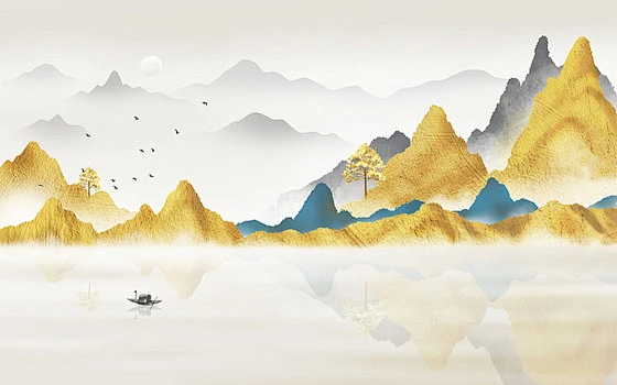 古风山水插画手绘烫金山水风景背景唯美鎏金山水金箔山峰古风中国风唯美山水风景-花瓣网