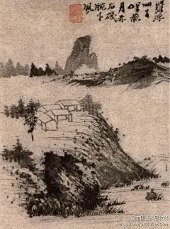 #清初四僧#【 清 石涛 《山水册》 】石涛的这本山水画图册，墨色浓重，墨气淋漓，空间感强。在技巧运笔上，灵活多变，或细笔勾勒，很少皴擦，或粗线勾斫，皴点并用。
