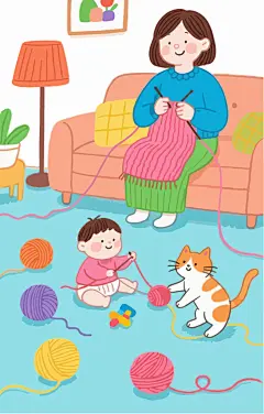 居家手工织毛衣童趣插画