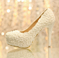 甜美白色花朵蕾丝防水台高跟鞋珍珠婚鞋新娘礼服鞋拍婚纱照单鞋-淘宝网