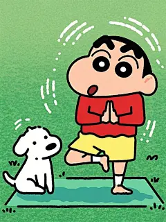 小新正在做瑜伽，简单的图形特征，粗壮可爱的四肢，在绿色的草地上，简单可爱的动作，诙谐可爱，让可爱的小白狗在旁边趴着，简单的图形，高饱和度的颜色，矢量图插画，粗线条的笔触，没有畸形。