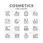 设置行化妆品——人造物体对象的图标Set Line Icons of Cosmetics - Man-made objects Objects美丽、瓶子、刷、保健、化妆品、膏,脸,时尚,女,凝胶,健康,图标,说明,线,口红,乳液,化妆,镜子,模型,钉子,轮廓,铅笔,香水,粉,集,洗发水、皮肤、spa、治疗 beauty, bottle, brush, care, cosmetic, cream, face, fashion, female, gel, health, icon, illustration,