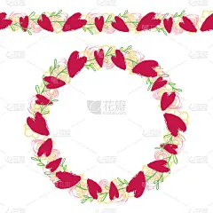 色彩丰富的浪漫花环。手绘纹理心，花，叶在无缝线和圆形框架。情人节花圈，婚礼请柬和贺卡。