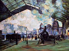 印象派画家:莫奈ClaudeMonet绘画作品壁纸：莫奈油画:ArrivaloftheNormandyTrain,GareSaint-Lazare1600*1200