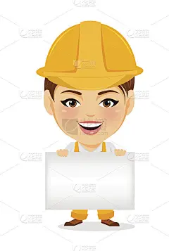 建造者的女人。滑稽的女工人，大头拿着空白的标志或横幅。幽默的卡通人物修理工。矢量插图。