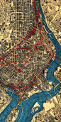 Bird's eye view Map of Washington DC in the style of banknote engraving with color added in red, blue and gold.. contour, hatch, cross-hatch, counter-cross-hatch, stippling high definition fine line engraving effect across entire image, centered on the ar