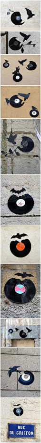 #求是爱设计#怀旧复古的黑胶唱片剪影，来自街头艺术家Kesa