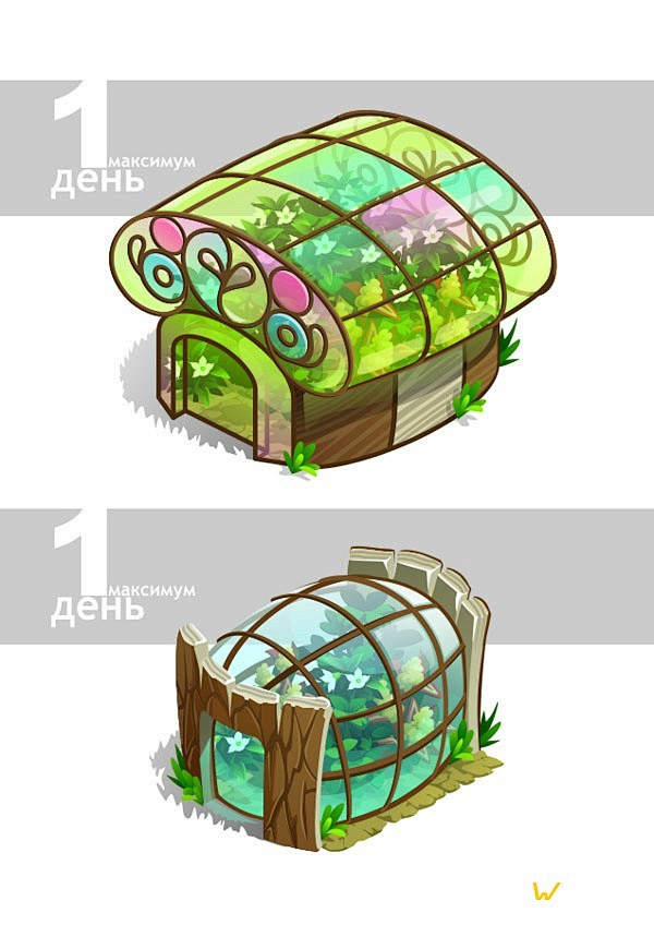 Q版卡通游戏场景建筑植物温室，玻璃房