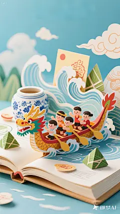 jimeng-2025-05-29-304-温馨有趣的立体书艺术风格。海报形式，上方留有标题位置，标题名称“纵享双节”画面呈现一本打开的立体书，龙舟、船员为主体，青花罐子，、波浪、祥云、粽