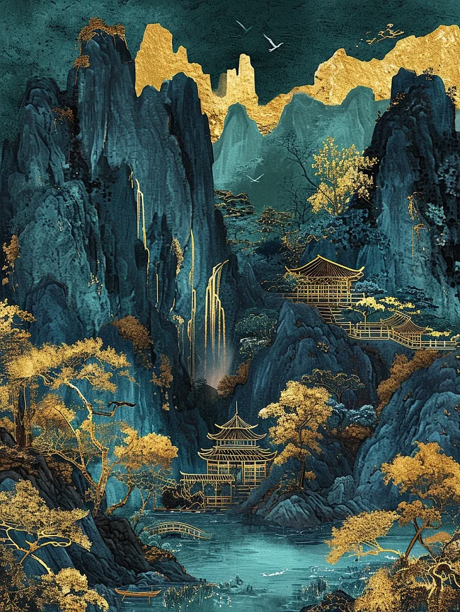 鎏金山水画海报-花瓣网