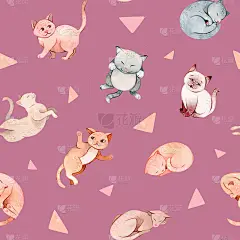 手绘水彩卡通猫和小猫图案