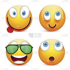 蓝眼睛的笑脸，表情包。黄脸带着情绪。面部表情。3 d现实emoji。伤心,高兴,生气的脸。有趣的卡通