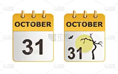 万圣节的日历上有不同版本的图标。日历表上的日期是10月31日。枯树映衬着黄色的月亮。