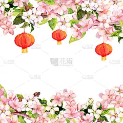 樱花盛开，红纸灯笼。水彩卡