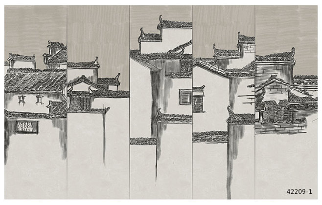 中国复古怀旧壁纸徽派建筑砖纹壁画新中式餐...