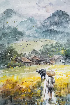 清明节中国风山林间牧童插画