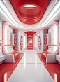 Entrance hall of future spacecraft, deep white and red, realistic color scheme, skincare lab, vibrant illustrations, rendered cinema4d style, lit with red, in Art Deco style, straight line form, filled with light, security camera